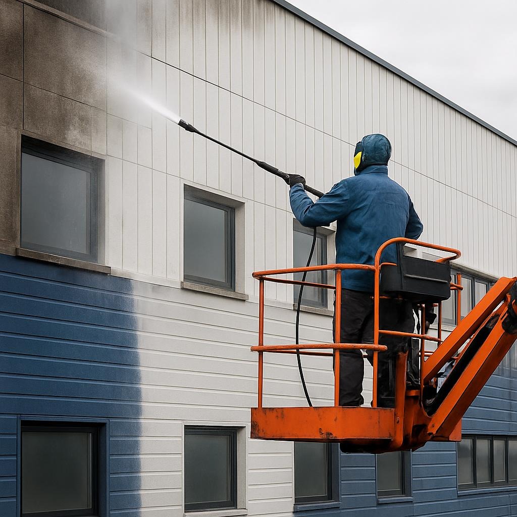 Fassadenreinigung-mit-Hubsteiger-und-Hochdruckreiniger-Firma-Quick-und-Clean-GmbH